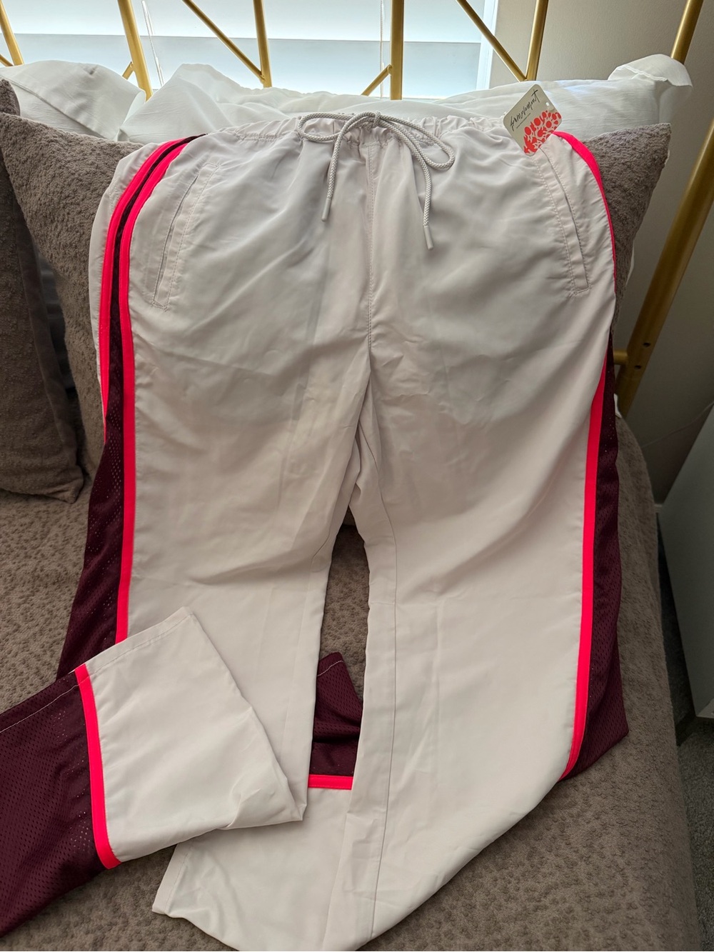 Free People White Track Pants with Maroon Panels & Neon Pink Trim